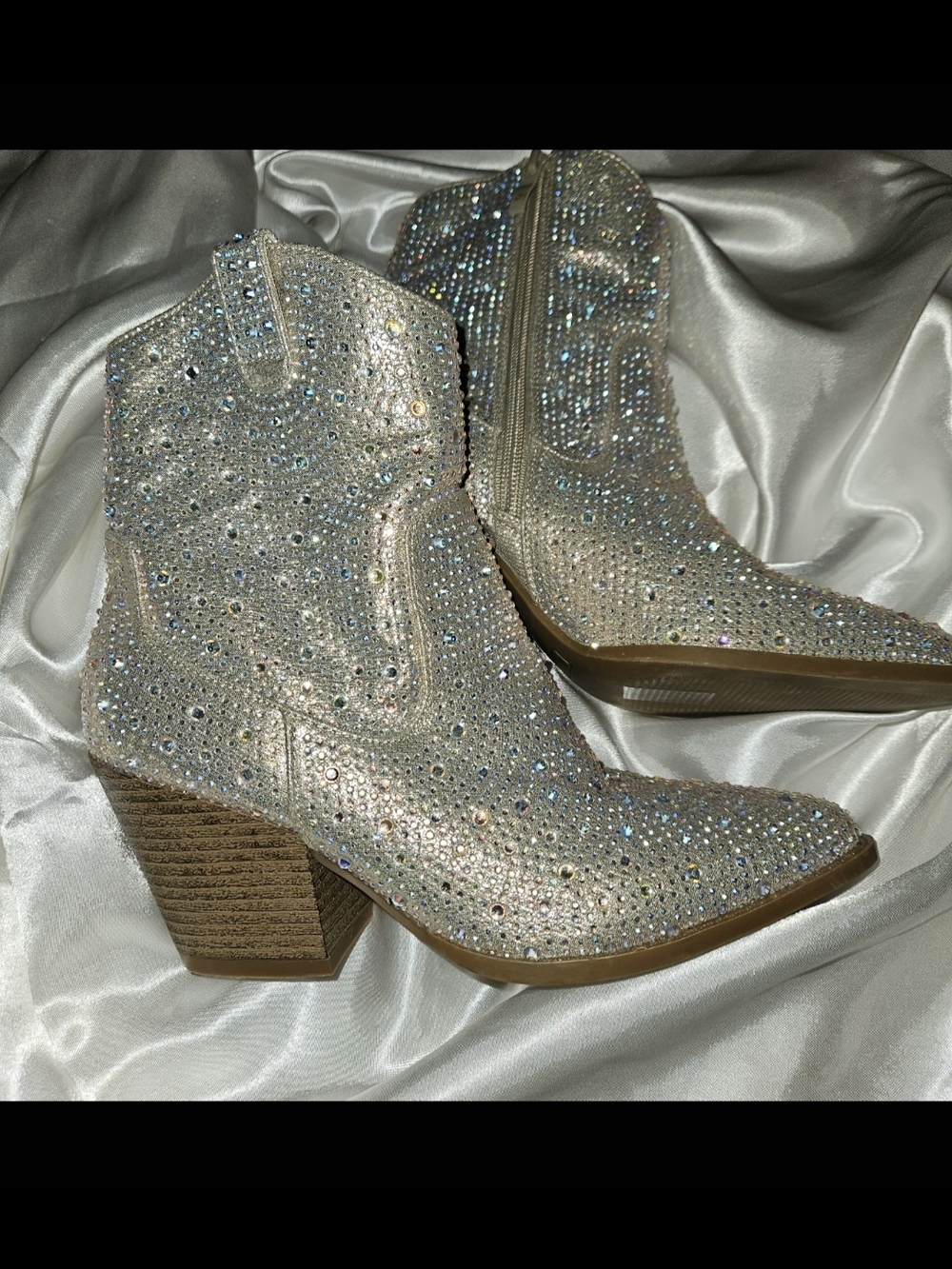 Embellished Crystal Western Ankle Boots - Sparkling Silver